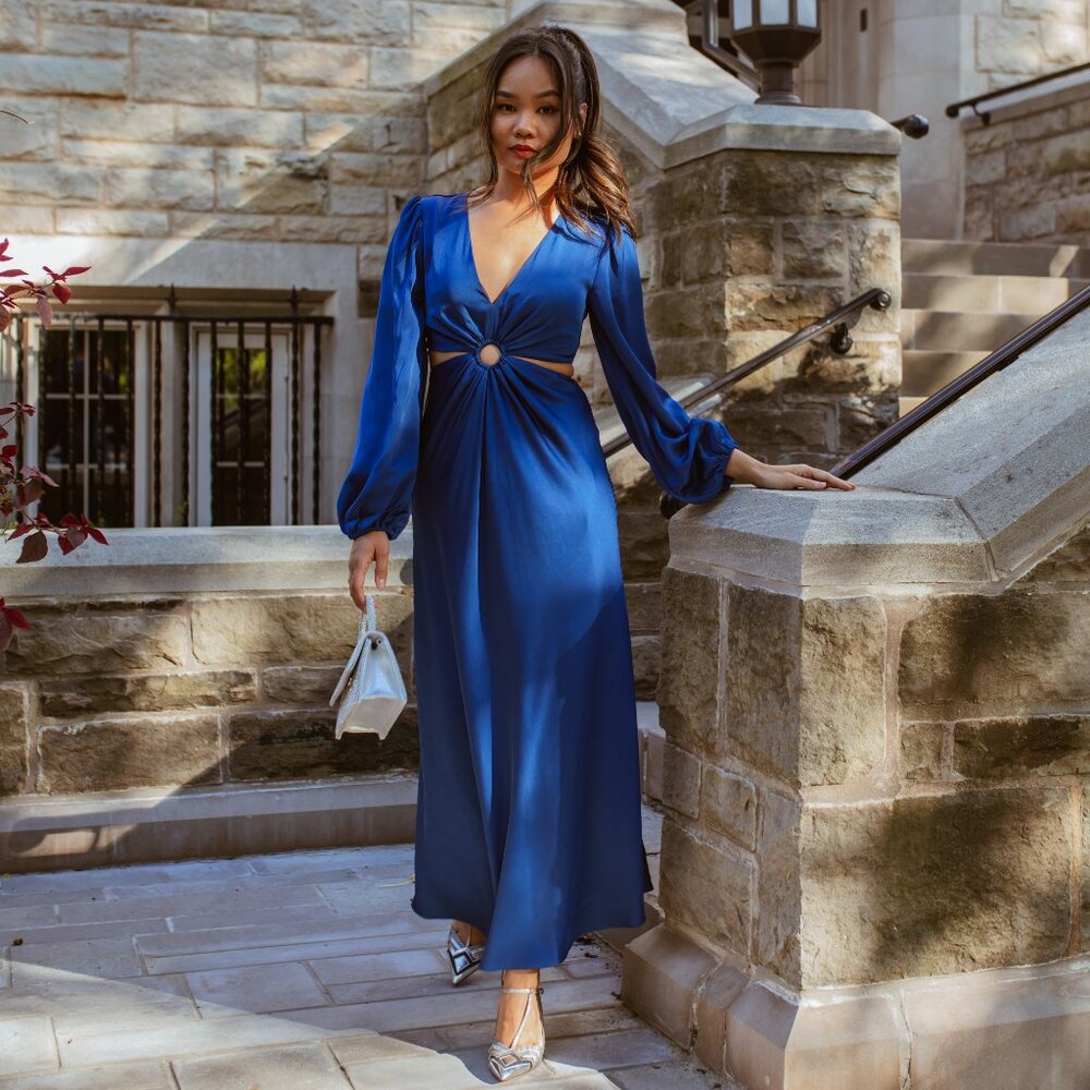 Ever New Royal Blue Satin Maxi Dress with Center Ring Detail - Picture 5 of 10